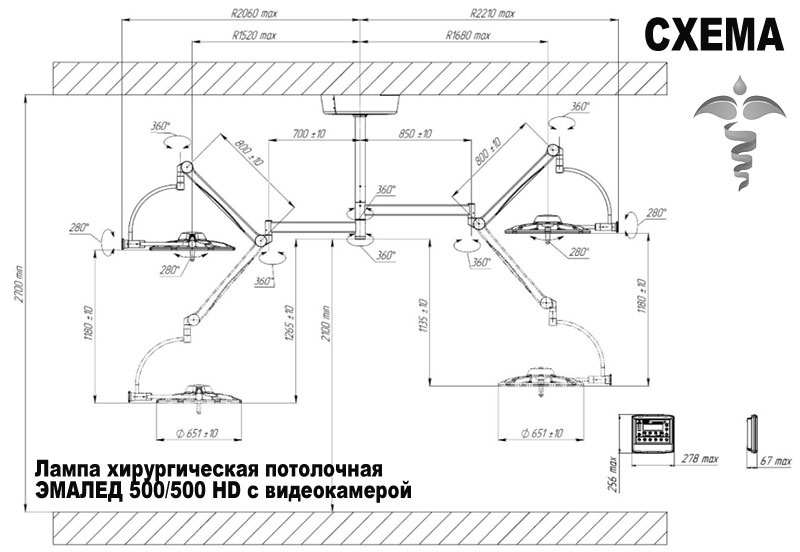Лампа хирургическая потолочная ЭМАЛЕД 500/500 HD с видеокамерой - Схема