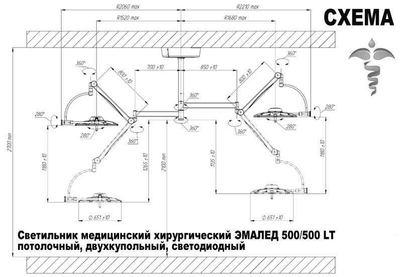 Светильник медицинский хирургический ЭМАЛЕД 500/500 LT потолочный, двухкупольный, светодиодный - Схема