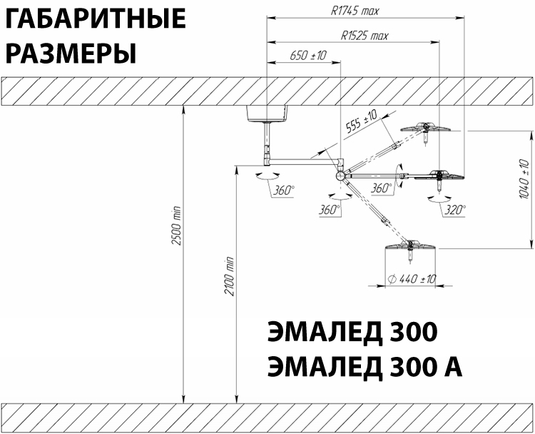 Лампа потолочная операционная бестеневая  «ЭМАЛЕД 300 120кЛк» - Габаритные размеры